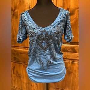 Affliction Blue and Black V-Neck Short Sleeve Top